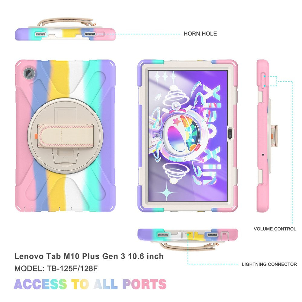 For Lenovo Tab M10 Plus (3rd Gen) / Xiaoxin Pad 2022 10.6 inch TB-125F / 128F 360 Degree Rotation Hand Strap Tablet Case Anti-drop PC + Silicone Kickstand Cover - Colorful Pink