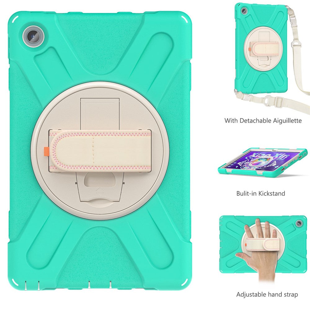 For Lenovo Tab M10 Plus (3rd Gen) / Xiaoxin Pad 2022 10.6 inch TB-125F / TB-128F 360 Degree Rotatable Hand Strap Tablet Case PC + Silicone Kickstand Cover with Shoulder Strap - Mint Green