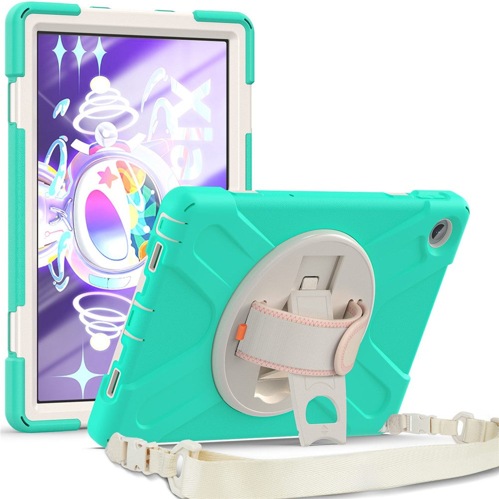 For Lenovo Tab M10 Plus (3rd Gen) / Xiaoxin Pad 2022 10.6 inch TB-125F / TB-128F 360 Degree Rotatable Hand Strap Tablet Case PC + Silicone Kickstand Cover with Shoulder Strap - Mint Green