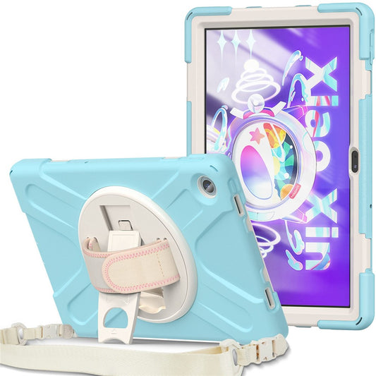 For Lenovo Tab M10 Plus (3rd Gen) / Xiaoxin Pad 2022 10.6 inch TB-125F / TB-128F 360 Degree Rotatable Hand Strap Tablet Case PC + Silicone Kickstand Cover with Shoulder Strap - Crystal Blue