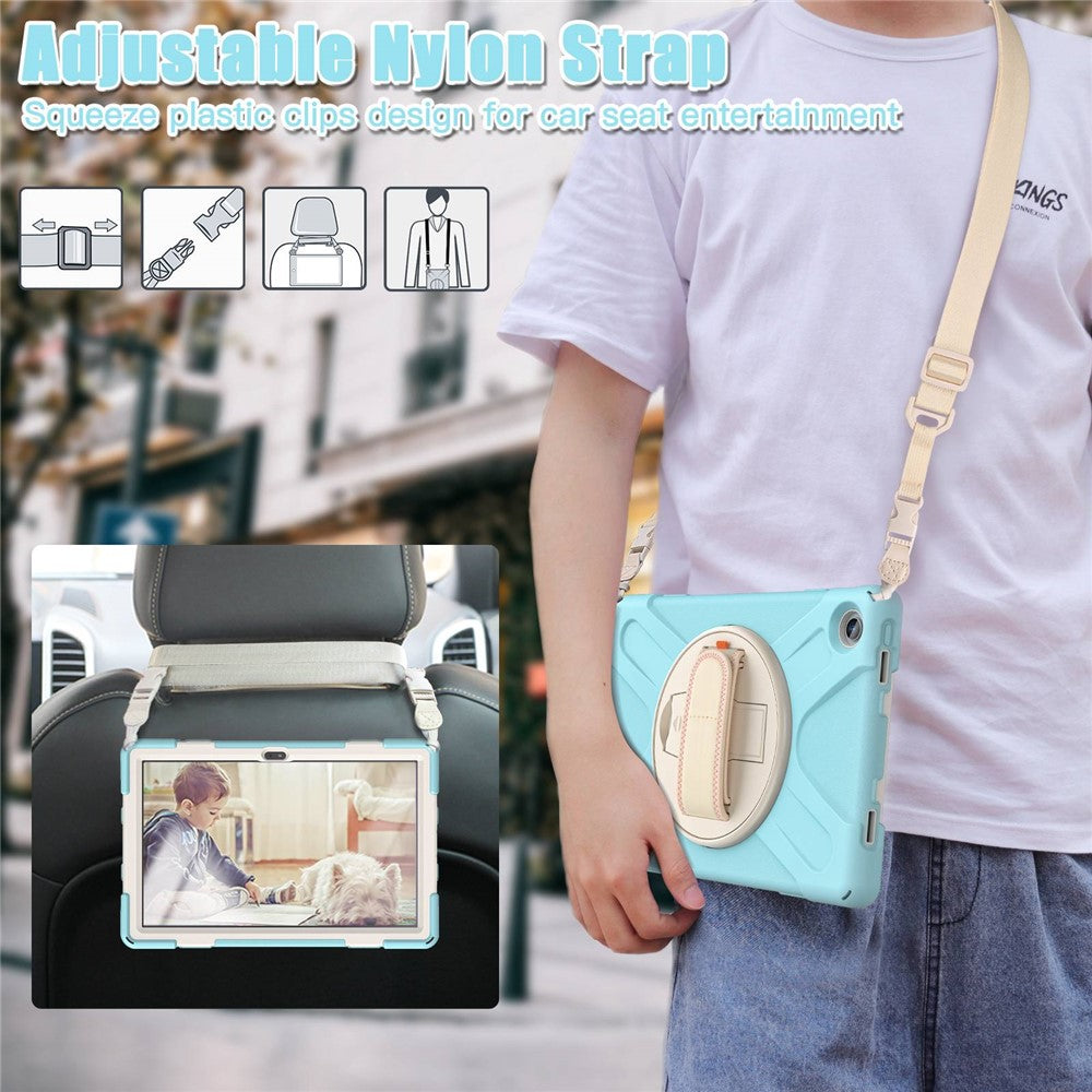 For Lenovo Tab M10 Plus (3rd Gen) / Xiaoxin Pad 2022 10.6 inch TB-125F / TB-128F 360 Degree Rotatable Hand Strap Tablet Case PC + Silicone Kickstand Cover with Shoulder Strap - Crystal Blue