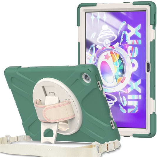 For Lenovo Tab M10 Plus (3rd Gen) / Xiaoxin Pad 2022 10.6 inch TB-125F / TB-128F 360 Degree Rotatable Hand Strap Tablet Case PC + Silicone Kickstand Cover with Shoulder Strap - Emerald Green