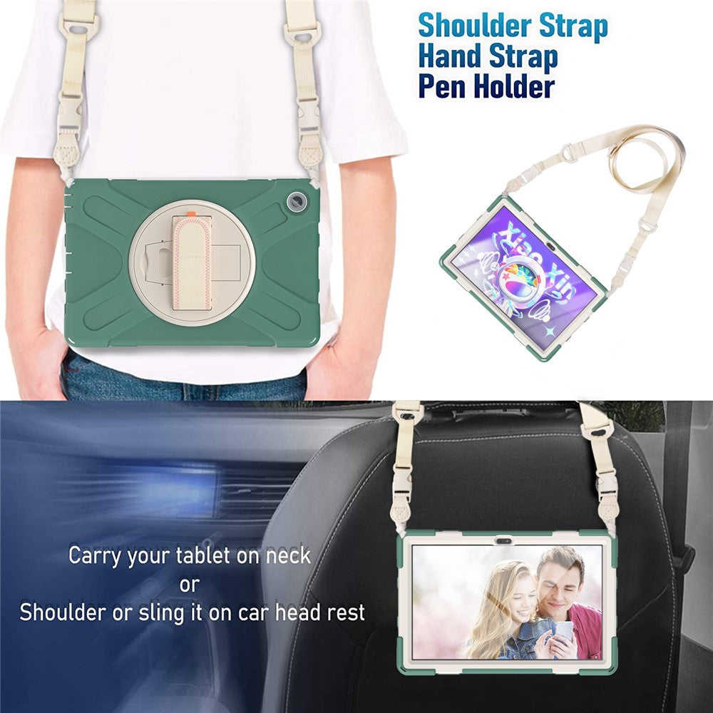 For Lenovo Tab M10 Plus (3rd Gen) / Xiaoxin Pad 2022 10.6 inch TB-125F / TB-128F 360 Degree Rotatable Hand Strap Tablet Case PC + Silicone Kickstand Cover with Shoulder Strap - Emerald Green