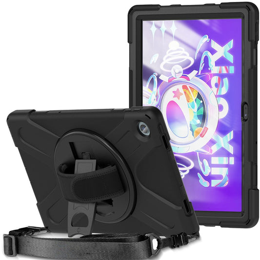 For Lenovo Tab M10 Plus (3rd Gen) / Xiaoxin Pad 2022 10.6 inch TB-125F / TB-128F 360 Degree Rotatable Hand Strap Tablet Case PC + Silicone Kickstand Cover with Shoulder Strap - Black