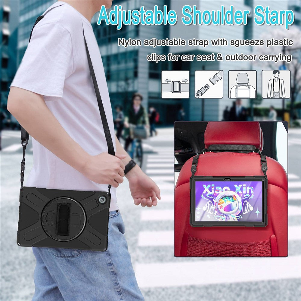 For Lenovo Tab M10 Plus (3rd Gen) / Xiaoxin Pad 2022 10.6 inch TB-125F / TB-128F 360 Degree Rotatable Hand Strap Tablet Case PC + Silicone Kickstand Cover with Shoulder Strap - Black