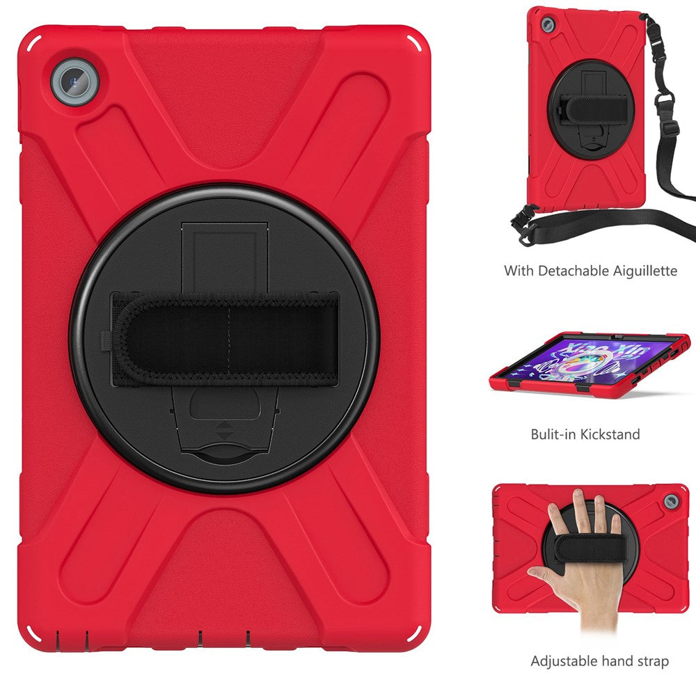 For Lenovo Tab M10 Plus (3rd Gen) / Xiaoxin Pad 2022 10.6 inch TB-125F / TB-128F 360 Degree Rotatable Hand Strap Tablet Case PC + Silicone Kickstand Cover with Shoulder Strap - Red