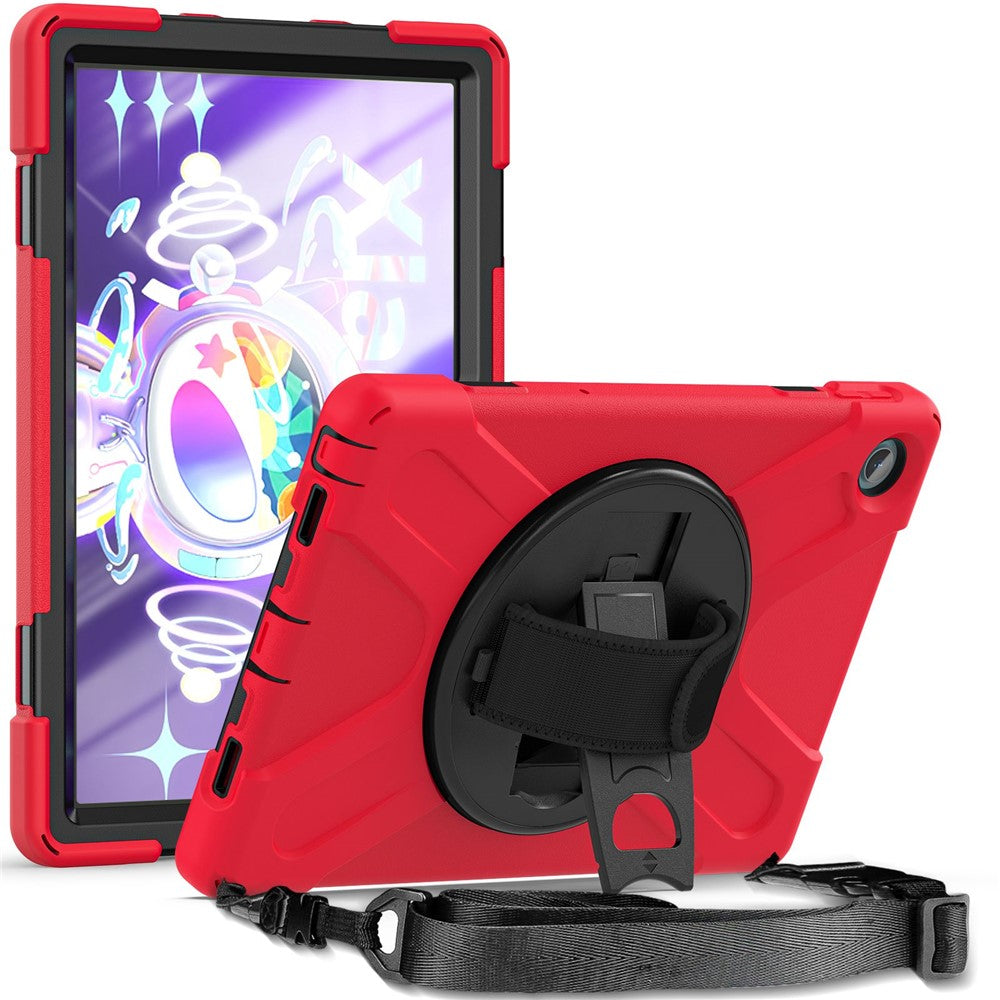 For Lenovo Tab M10 Plus (3rd Gen) / Xiaoxin Pad 2022 10.6 inch TB-125F / TB-128F 360 Degree Rotatable Hand Strap Tablet Case PC + Silicone Kickstand Cover with Shoulder Strap - Red