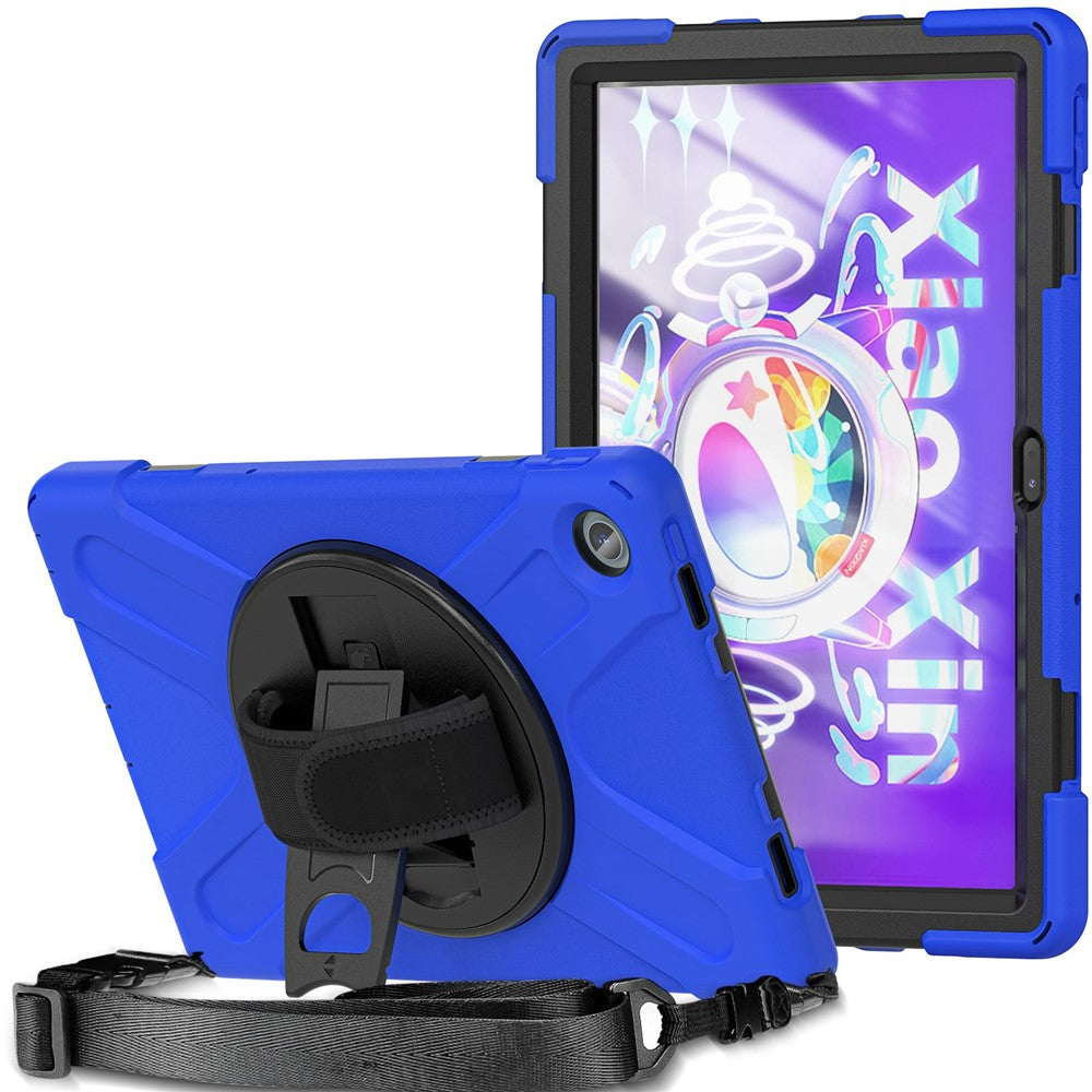 For Lenovo Tab M10 Plus (3rd Gen) / Xiaoxin Pad 2022 10.6 inch TB-125F / TB-128F 360 Degree Rotatable Hand Strap Tablet Case PC + Silicone Kickstand Cover with Shoulder Strap - Blue