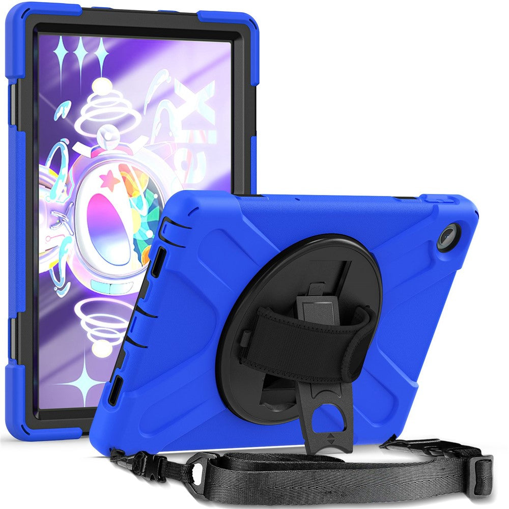 For Lenovo Tab M10 Plus (3rd Gen) / Xiaoxin Pad 2022 10.6 inch TB-125F / TB-128F 360 Degree Rotatable Hand Strap Tablet Case PC + Silicone Kickstand Cover with Shoulder Strap - Blue
