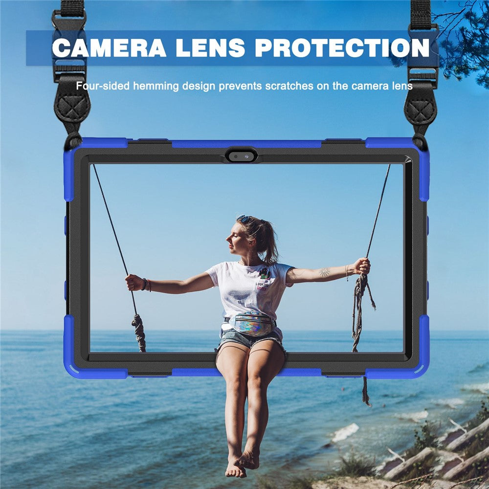 For Lenovo Tab M10 Plus (3rd Gen) / Xiaoxin Pad 2022 10.6 inch TB-125F / TB-128F 360 Degree Rotatable Hand Strap Tablet Case PC + Silicone Kickstand Cover with Shoulder Strap - Blue