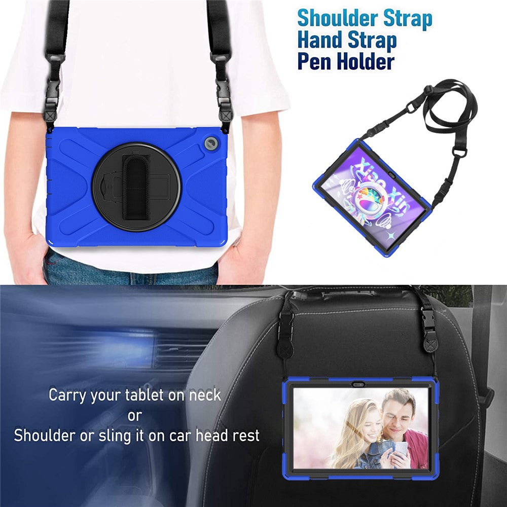 For Lenovo Tab M10 Plus (3rd Gen) / Xiaoxin Pad 2022 10.6 inch TB-125F / TB-128F 360 Degree Rotatable Hand Strap Tablet Case PC + Silicone Kickstand Cover with Shoulder Strap - Blue