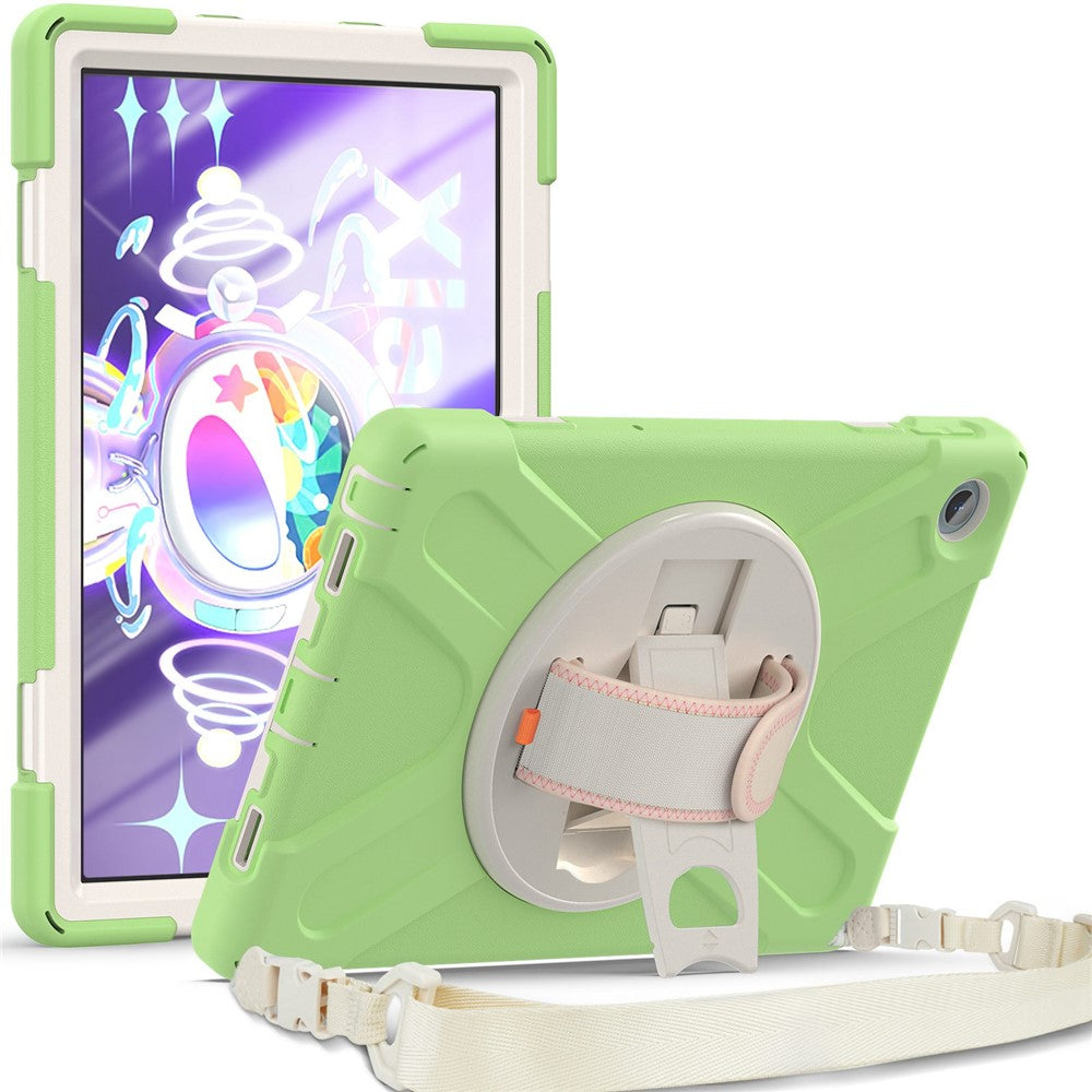 For Lenovo Tab M10 Plus (3rd Gen) / Xiaoxin Pad 2022 10.6 inch TB-125F / TB-128F 360 Degree Rotatable Hand Strap Tablet Case PC + Silicone Kickstand Cover with Shoulder Strap - Matcha Green