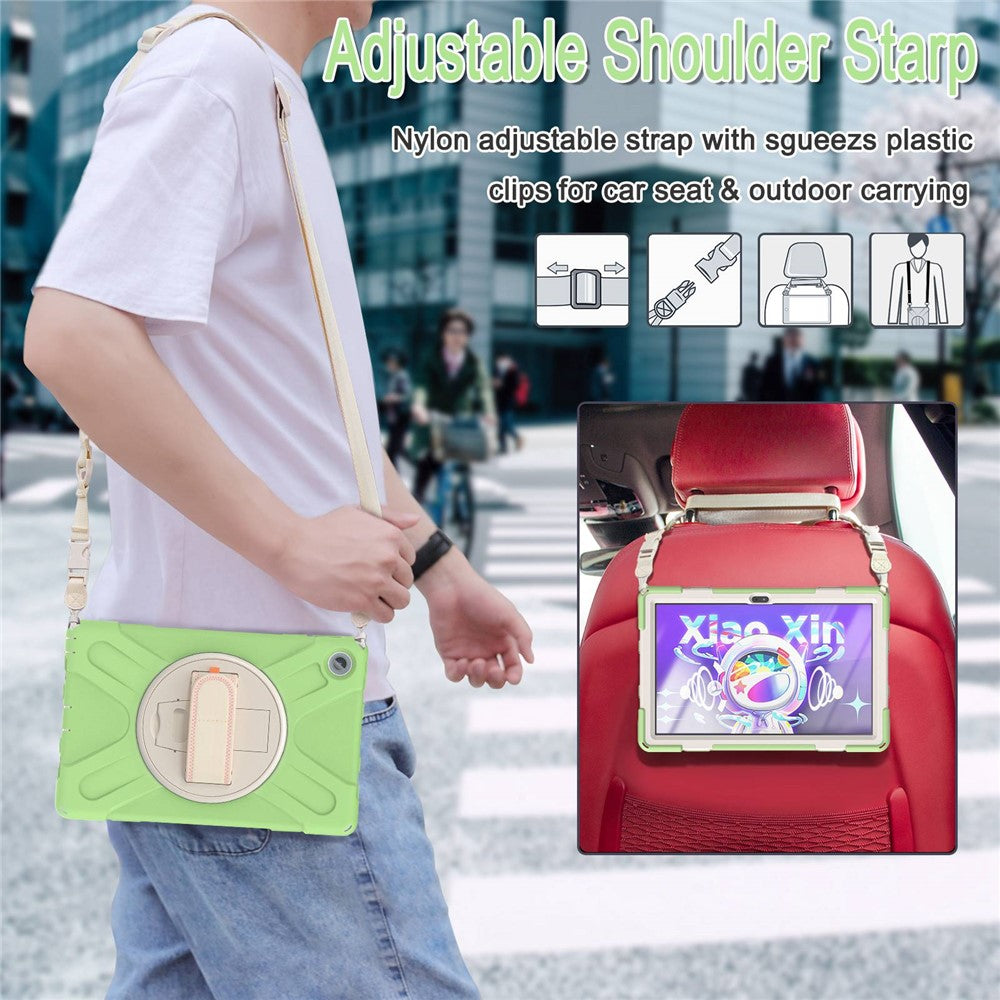 For Lenovo Tab M10 Plus (3rd Gen) / Xiaoxin Pad 2022 10.6 inch TB-125F / TB-128F 360 Degree Rotatable Hand Strap Tablet Case PC + Silicone Kickstand Cover with Shoulder Strap - Matcha Green