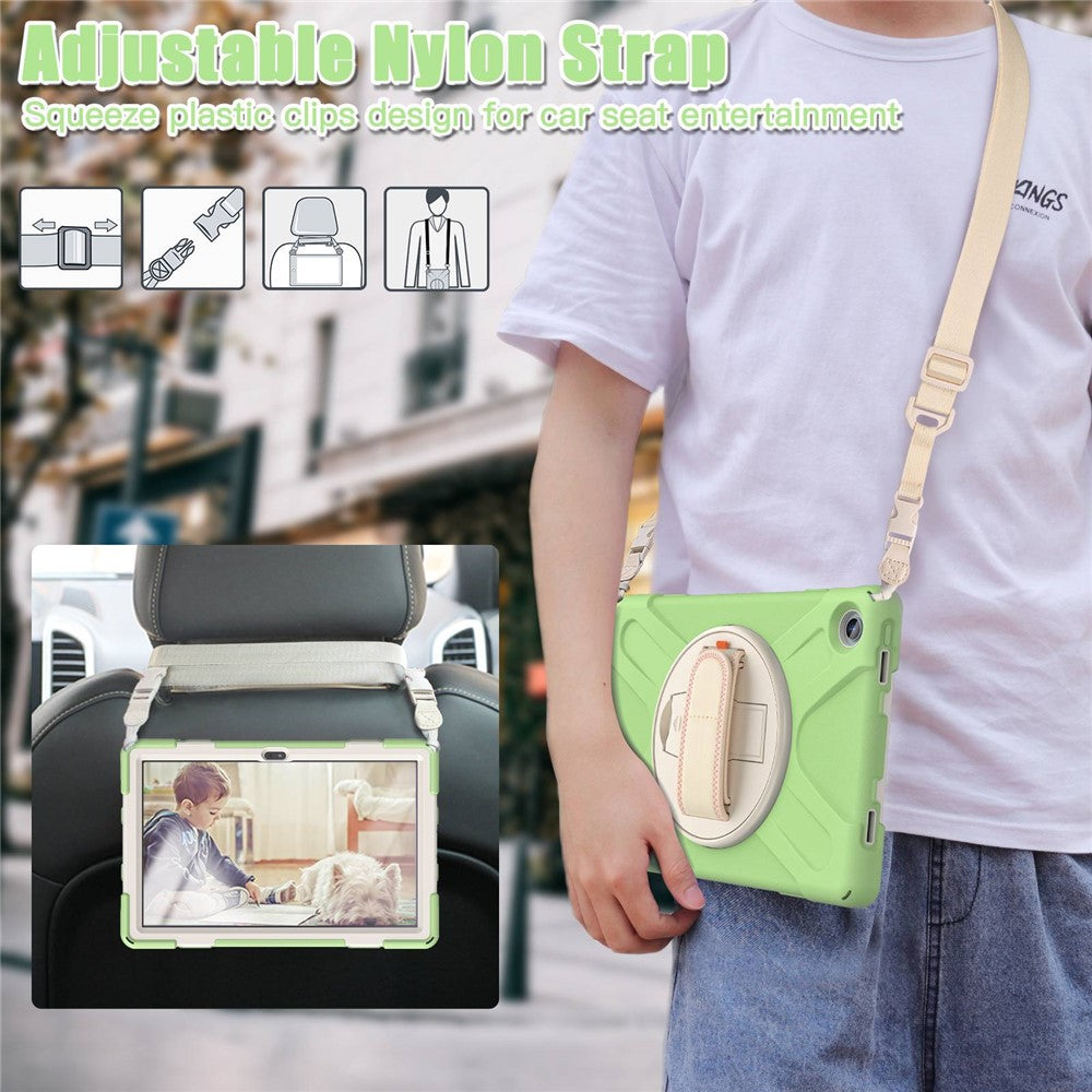 For Lenovo Tab M10 Plus (3rd Gen) / Xiaoxin Pad 2022 10.6 inch TB-125F / TB-128F 360 Degree Rotatable Hand Strap Tablet Case PC + Silicone Kickstand Cover with Shoulder Strap - Matcha Green