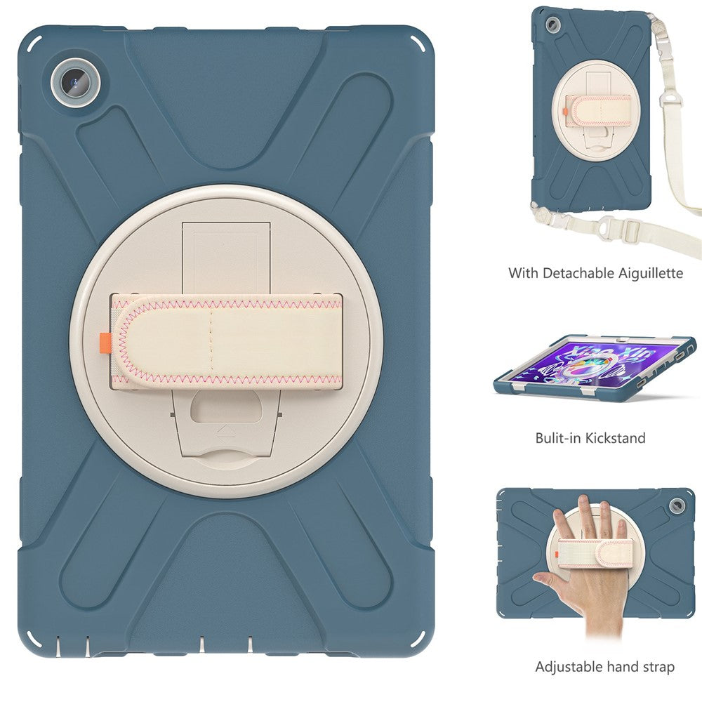 For Lenovo Tab M10 Plus (3rd Gen) / Xiaoxin Pad 2022 10.6 inch TB-125F / TB-128F 360 Degree Rotatable Hand Strap Tablet Case PC + Silicone Kickstand Cover with Shoulder Strap - Cornflower Blue