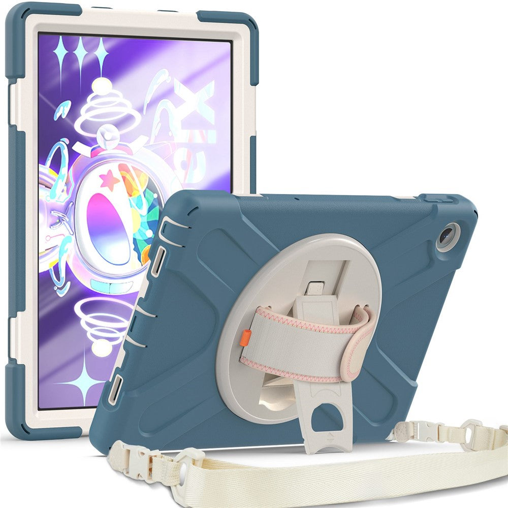 For Lenovo Tab M10 Plus (3rd Gen) / Xiaoxin Pad 2022 10.6 inch TB-125F / TB-128F 360 Degree Rotatable Hand Strap Tablet Case PC + Silicone Kickstand Cover with Shoulder Strap - Cornflower Blue