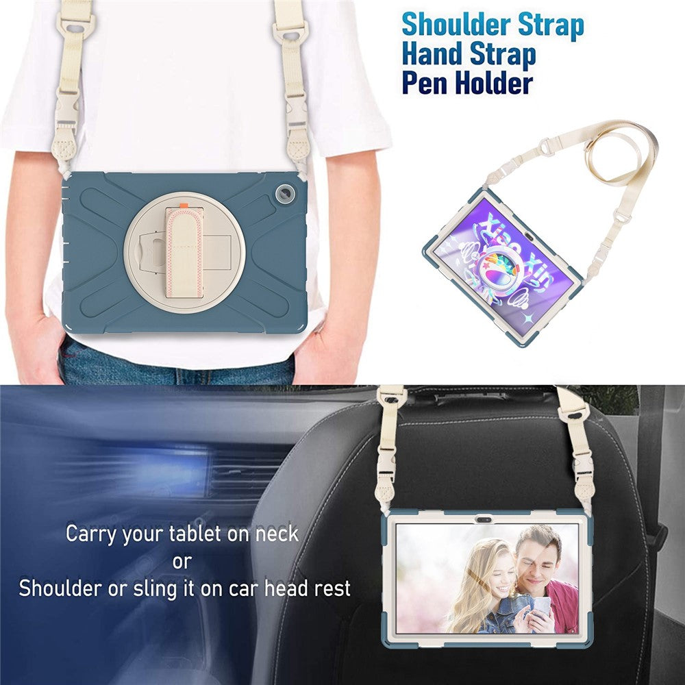 For Lenovo Tab M10 Plus (3rd Gen) / Xiaoxin Pad 2022 10.6 inch TB-125F / TB-128F 360 Degree Rotatable Hand Strap Tablet Case PC + Silicone Kickstand Cover with Shoulder Strap - Cornflower Blue