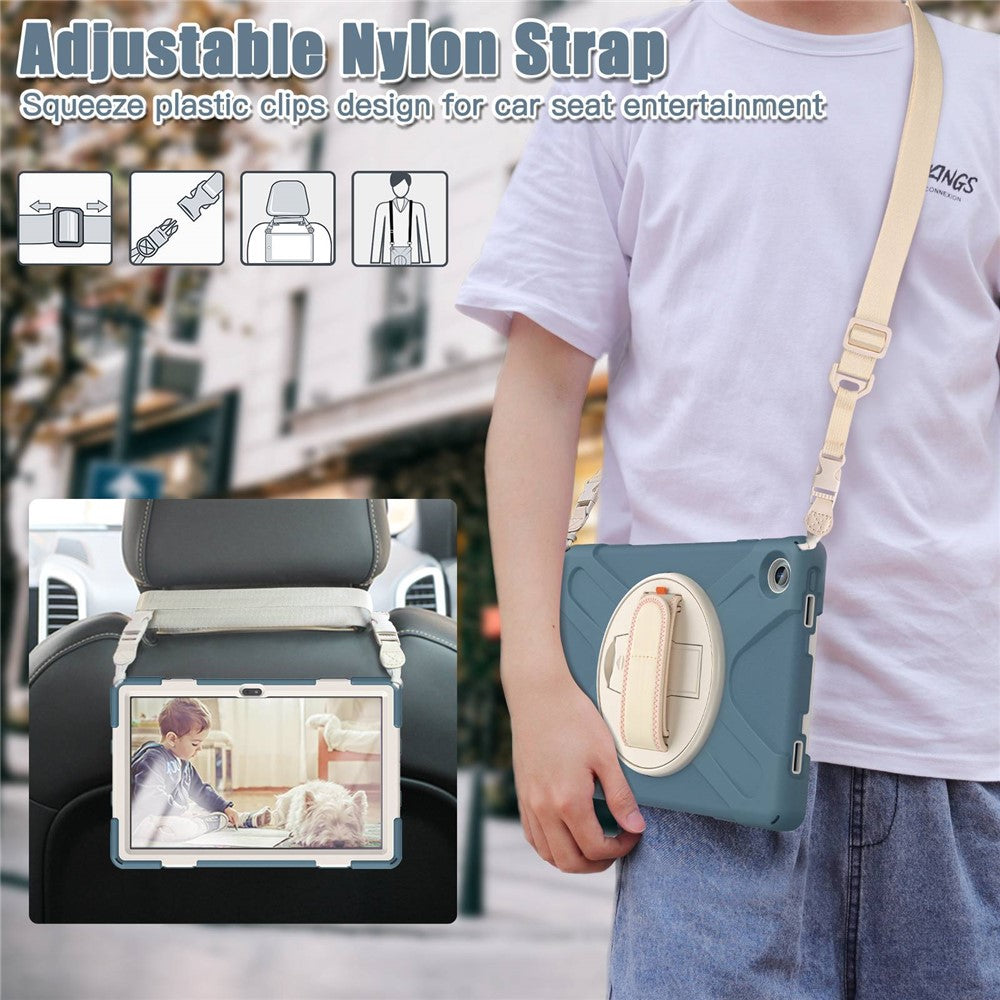 For Lenovo Tab M10 Plus (3rd Gen) / Xiaoxin Pad 2022 10.6 inch TB-125F / TB-128F 360 Degree Rotatable Hand Strap Tablet Case PC + Silicone Kickstand Cover with Shoulder Strap - Cornflower Blue