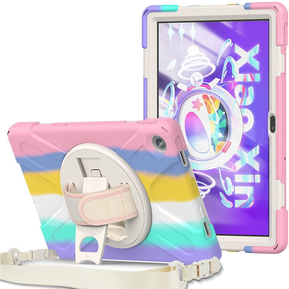 For Lenovo Tab M10 Plus (3rd Gen) / Xiaoxin Pad 2022 10.6 inch TB-125F / TB-128F 360 Degree Rotatable Hand Strap Tablet Case PC + Silicone Kickstand Cover with Shoulder Strap - Colorful Pink
