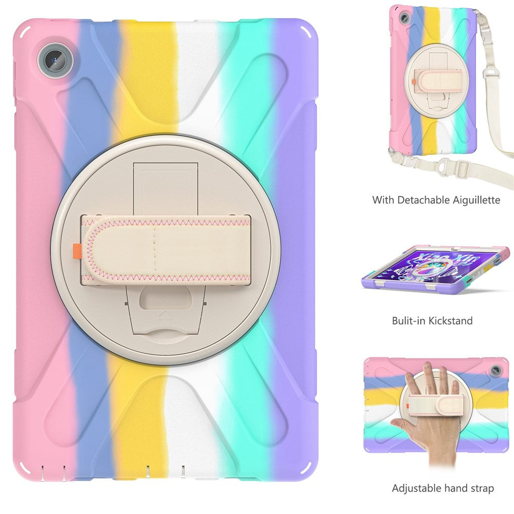 For Lenovo Tab M10 Plus (3rd Gen) / Xiaoxin Pad 2022 10.6 inch TB-125F / TB-128F 360 Degree Rotatable Hand Strap Tablet Case PC + Silicone Kickstand Cover with Shoulder Strap - Colorful Pink