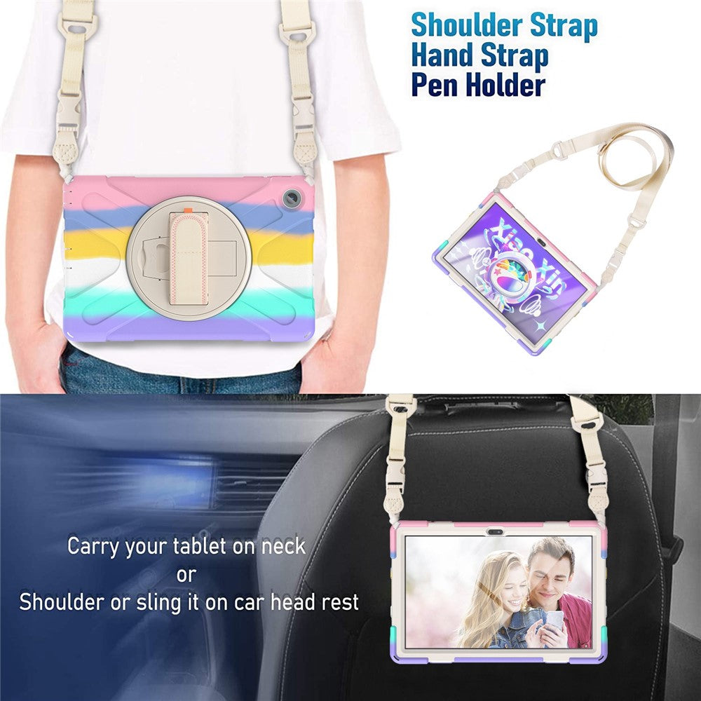 For Lenovo Tab M10 Plus (3rd Gen) / Xiaoxin Pad 2022 10.6 inch TB-125F / TB-128F 360 Degree Rotatable Hand Strap Tablet Case PC + Silicone Kickstand Cover with Shoulder Strap - Colorful Pink