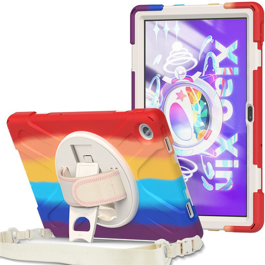 For Lenovo Tab M10 Plus (3rd Gen) / Xiaoxin Pad 2022 10.6 inch TB-125F / TB-128F 360 Degree Rotatable Hand Strap Tablet Case PC + Silicone Kickstand Cover with Shoulder Strap - Colorful Red