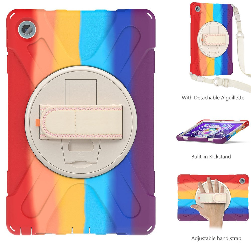 For Lenovo Tab M10 Plus (3rd Gen) / Xiaoxin Pad 2022 10.6 inch TB-125F / TB-128F 360 Degree Rotatable Hand Strap Tablet Case PC + Silicone Kickstand Cover with Shoulder Strap - Colorful Red