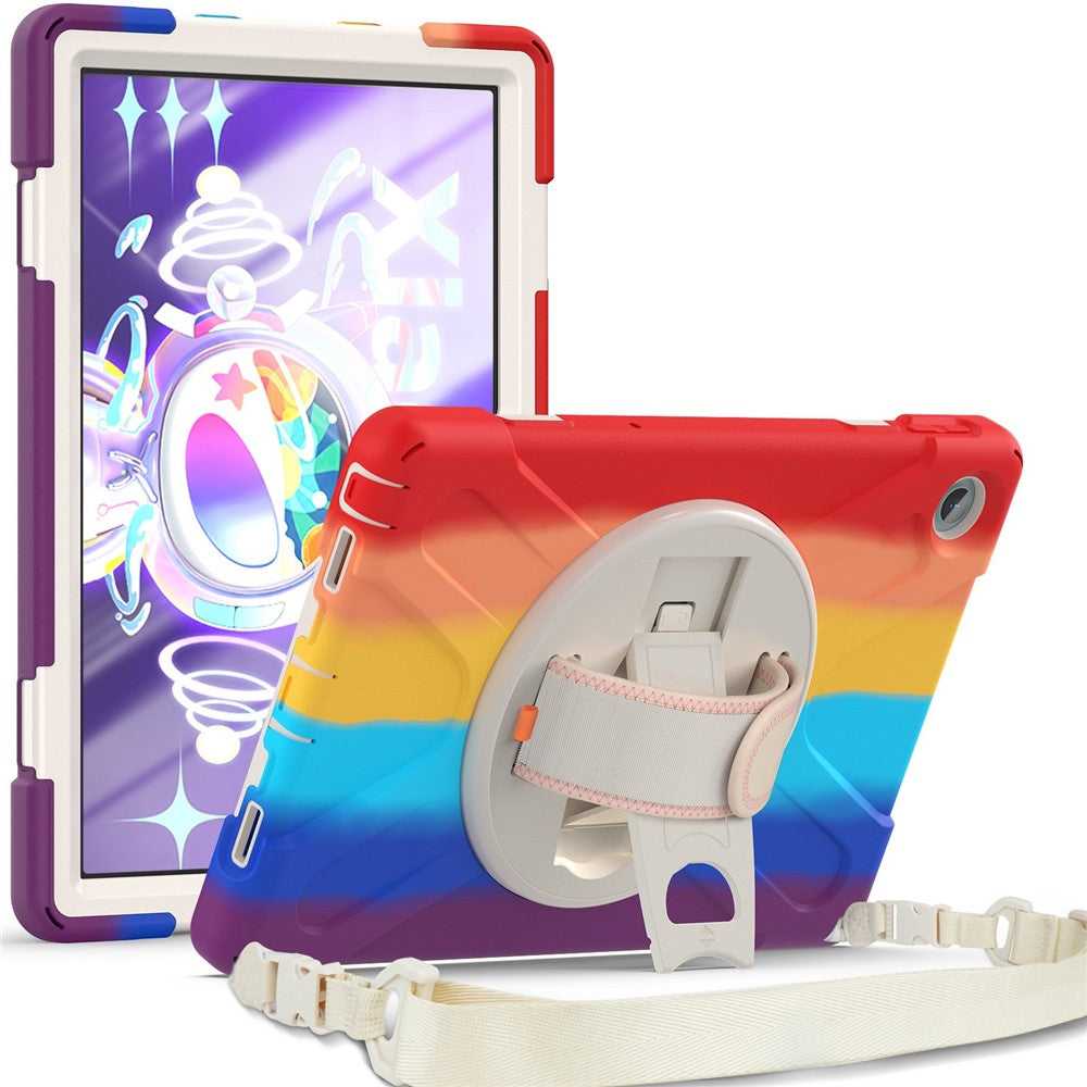 For Lenovo Tab M10 Plus (3rd Gen) / Xiaoxin Pad 2022 10.6 inch TB-125F / TB-128F 360 Degree Rotatable Hand Strap Tablet Case PC + Silicone Kickstand Cover with Shoulder Strap - Colorful Red