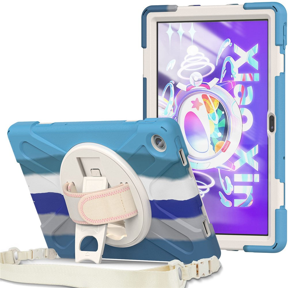 For Lenovo Tab M10 Plus (3rd Gen) / Xiaoxin Pad 2022 10.6 inch TB-125F / TB-128F 360 Degree Rotatable Hand Strap Tablet Case PC + Silicone Kickstand Cover with Shoulder Strap - Colorful Blue