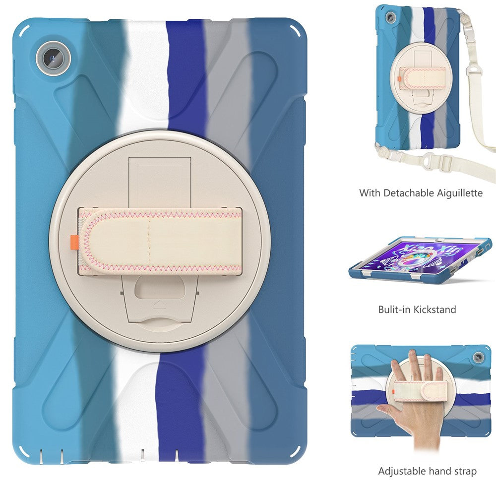 For Lenovo Tab M10 Plus (3rd Gen) / Xiaoxin Pad 2022 10.6 inch TB-125F / TB-128F 360 Degree Rotatable Hand Strap Tablet Case PC + Silicone Kickstand Cover with Shoulder Strap - Colorful Blue
