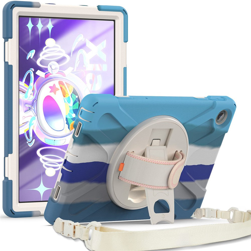 For Lenovo Tab M10 Plus (3rd Gen) / Xiaoxin Pad 2022 10.6 inch TB-125F / TB-128F 360 Degree Rotatable Hand Strap Tablet Case PC + Silicone Kickstand Cover with Shoulder Strap - Colorful Blue