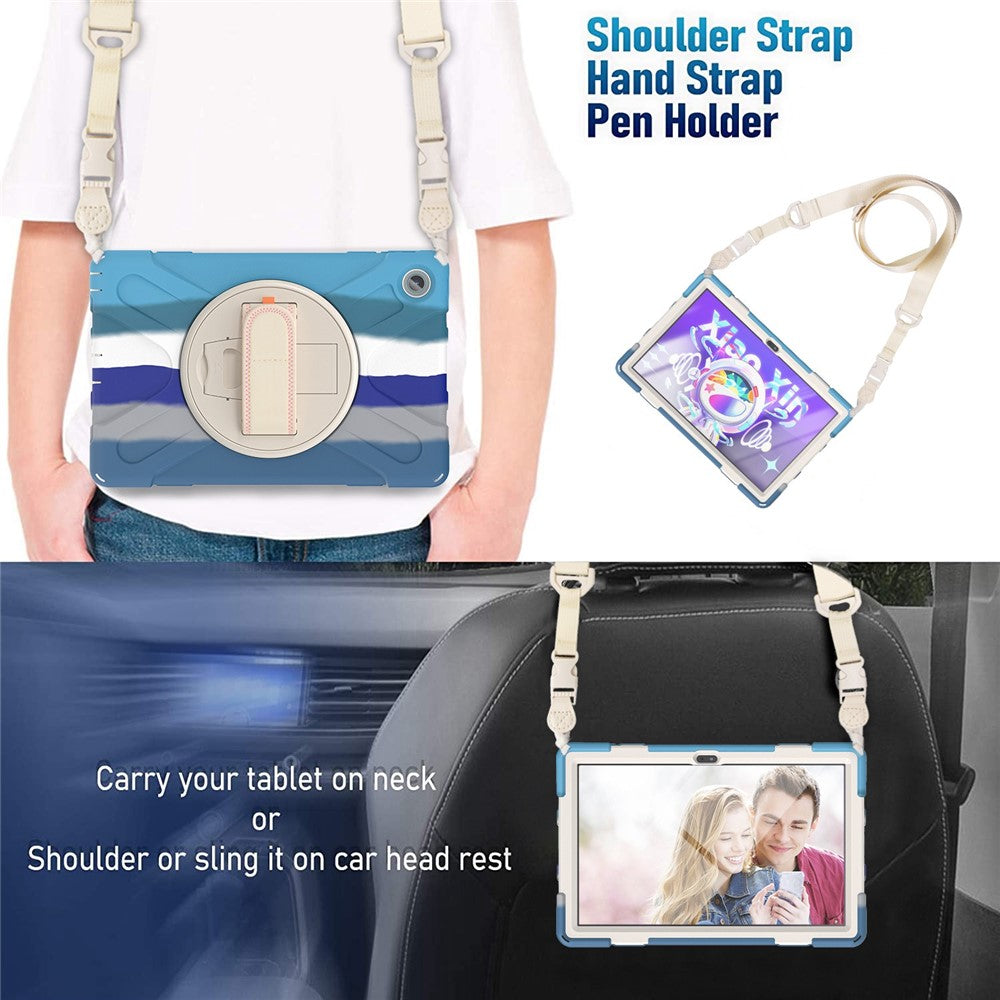For Lenovo Tab M10 Plus (3rd Gen) / Xiaoxin Pad 2022 10.6 inch TB-125F / TB-128F 360 Degree Rotatable Hand Strap Tablet Case PC + Silicone Kickstand Cover with Shoulder Strap - Colorful Blue
