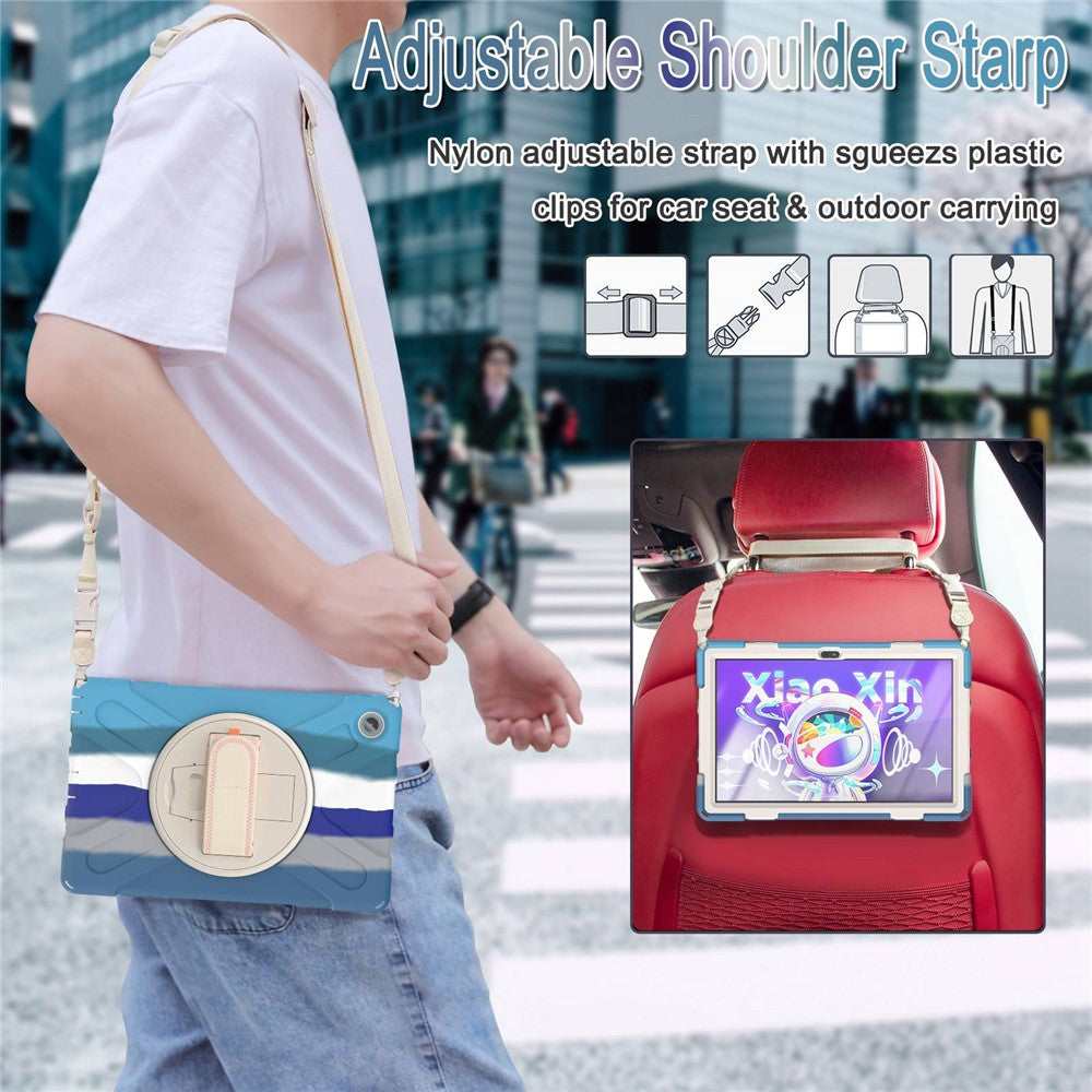 For Lenovo Tab M10 Plus (3rd Gen) / Xiaoxin Pad 2022 10.6 inch TB-125F / TB-128F 360 Degree Rotatable Hand Strap Tablet Case PC + Silicone Kickstand Cover with Shoulder Strap - Colorful Blue