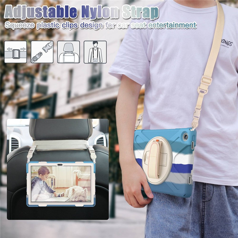 For Lenovo Tab M10 Plus (3rd Gen) / Xiaoxin Pad 2022 10.6 inch TB-125F / TB-128F 360 Degree Rotatable Hand Strap Tablet Case PC + Silicone Kickstand Cover with Shoulder Strap - Colorful Blue