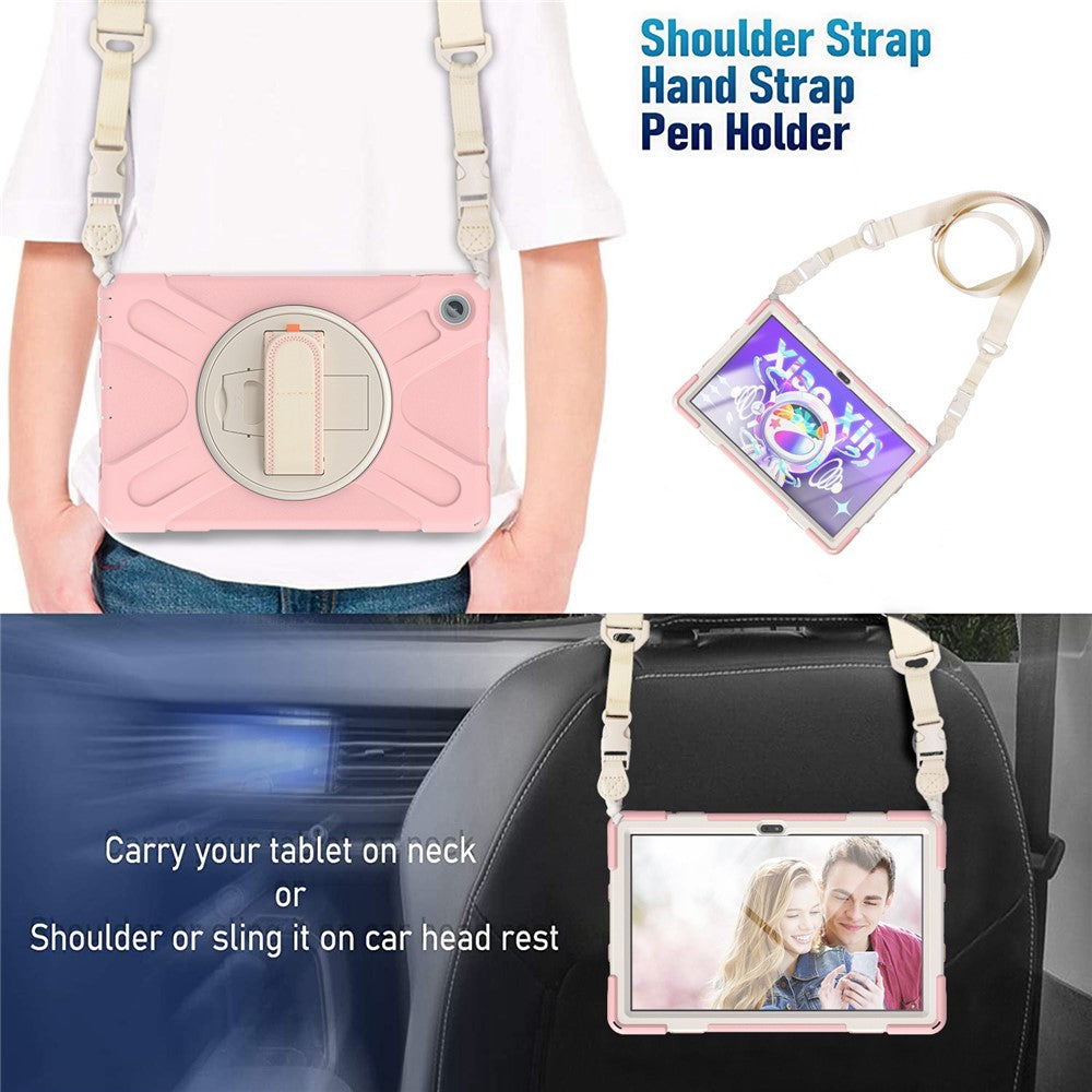 For Lenovo Tab M10 Plus (3rd Gen) / Xiaoxin Pad 2022 10.6 inch TB-125F / TB-128F 360 Degree Rotatable Hand Strap Tablet Case PC + Silicone Kickstand Cover with Shoulder Strap - Cherry Blossom Pink