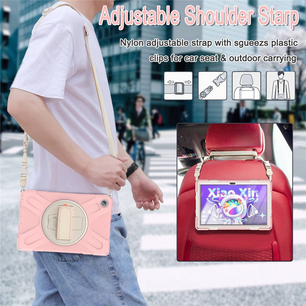 For Lenovo Tab M10 Plus (3rd Gen) / Xiaoxin Pad 2022 10.6 inch TB-125F / TB-128F 360 Degree Rotatable Hand Strap Tablet Case PC + Silicone Kickstand Cover with Shoulder Strap - Cherry Blossom Pink