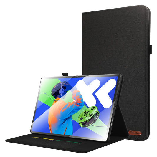 For Lenovo Xiaoxin Pad Pro 12.7 inch Leather Case Card Holder Cloth Texture Tablet Stand Cover - Black