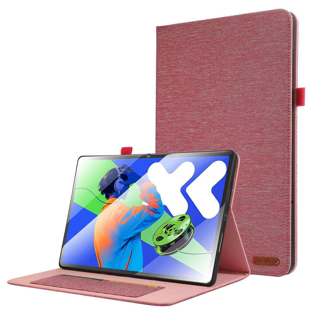 For Lenovo Xiaoxin Pad Pro 12.7 inch Leather Case Card Holder Cloth Texture Tablet Stand Cover - Pink