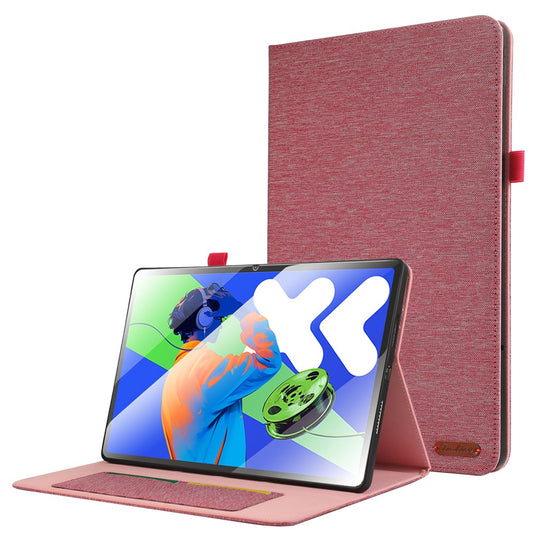 For Lenovo Xiaoxin Pad Pro 12.7 inch Leather Case Card Holder Cloth Texture Tablet Stand Cover - Pink
