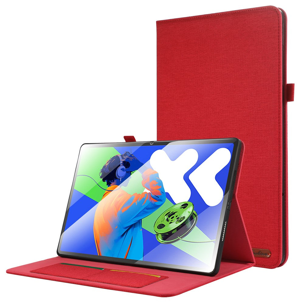 For Lenovo Xiaoxin Pad Pro 12.7 inch Leather Case Card Holder Cloth Texture Tablet Stand Cover - Red