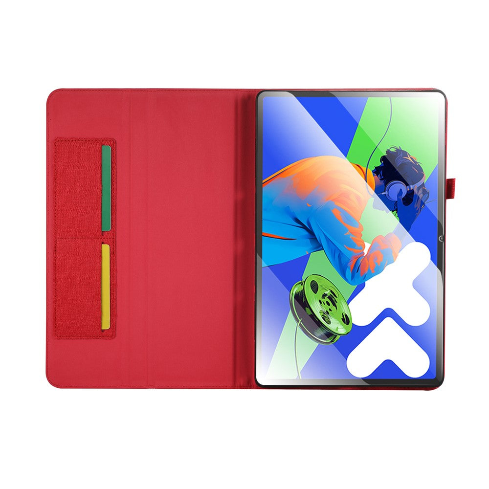 For Lenovo Xiaoxin Pad Pro 12.7 inch Leather Case Card Holder Cloth Texture Tablet Stand Cover - Red