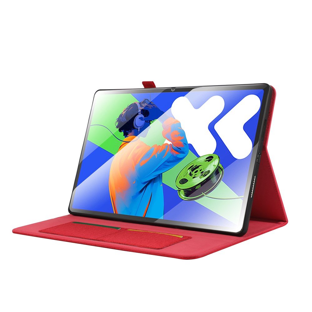 For Lenovo Xiaoxin Pad Pro 12.7 inch Leather Case Card Holder Cloth Texture Tablet Stand Cover - Red