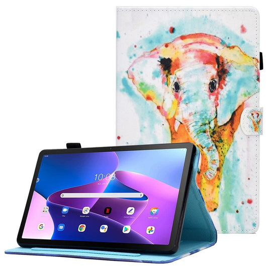 PU Leather Stand Tablet Case for Lenovo Tab M10 Plus (3rd Gen) / Xiaoxin Pad 2022 10.6 inch, Stitching Pattern Printing Card Holder Cover - Watercolor Elephant