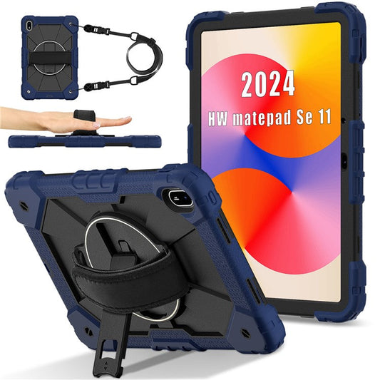 For Huawei MatePad SE 11 Case Kickstand Silicone+PC Tablet Cover with Shoulder Strap - Navy Blue / Black