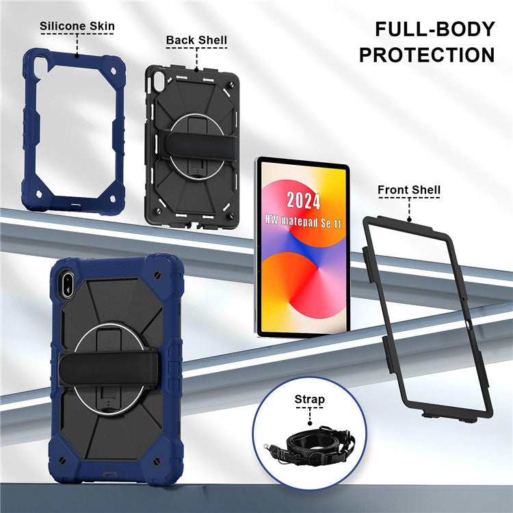 For Huawei MatePad SE 11 Case Kickstand Silicone+PC Tablet Cover with Shoulder Strap - Navy Blue / Black