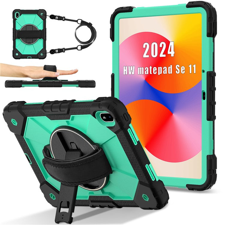 For Huawei MatePad SE 11 Case Kickstand Silicone+PC Tablet Cover with Shoulder Strap - Black / Mint Green