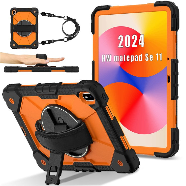 For Huawei MatePad SE 11 Case Kickstand Silicone+PC Tablet Cover with Shoulder Strap - Black / Orange
