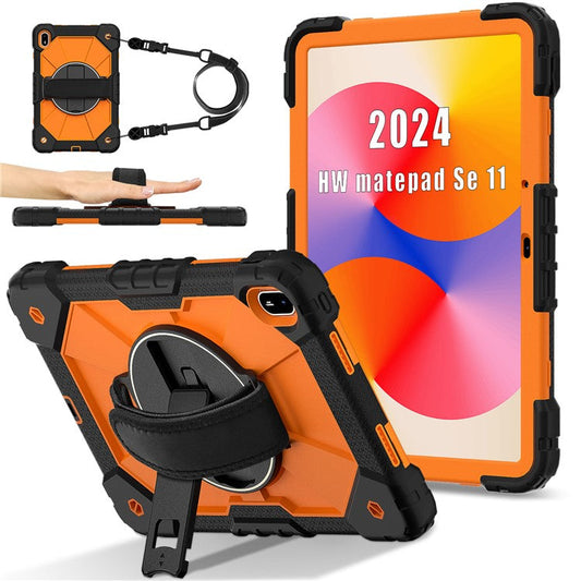 For Huawei MatePad SE 11 Case Kickstand Silicone+PC Tablet Cover with Shoulder Strap - Black / Orange
