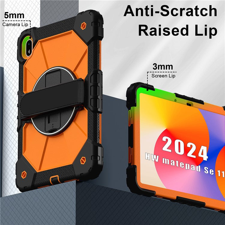 For Huawei MatePad SE 11 Case Kickstand Silicone+PC Tablet Cover with Shoulder Strap - Black / Orange