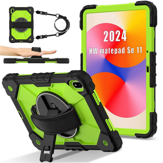 For Huawei MatePad SE 11 Case Kickstand Silicone+PC Tablet Cover with Shoulder Strap - Black / Yellowgreen
